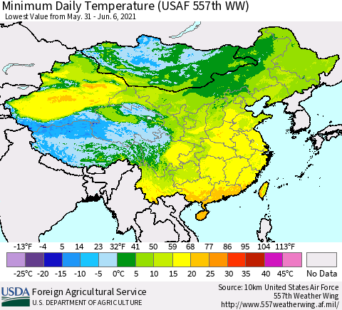 China and Taiwan Extreme Minimum Temperature (USAF 557th WW) Thematic Map For 5/31/2021 - 6/6/2021
