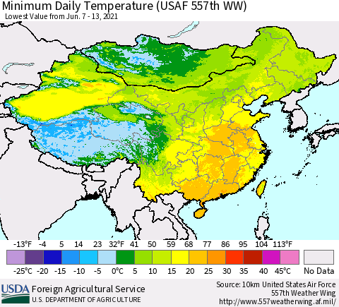 China and Taiwan Extreme Minimum Temperature (USAF 557th WW) Thematic Map For 6/7/2021 - 6/13/2021