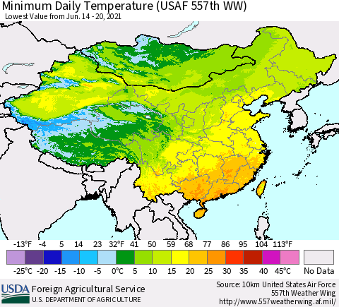 China and Taiwan Extreme Minimum Temperature (USAF 557th WW) Thematic Map For 6/14/2021 - 6/20/2021