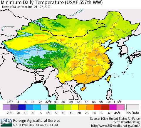 China and Taiwan Extreme Minimum Temperature (USAF 557th WW) Thematic Map For 6/21/2021 - 6/27/2021