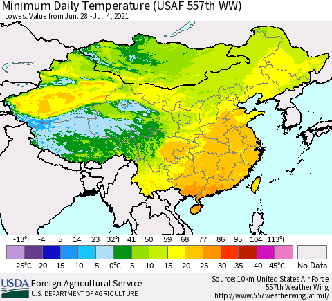 China and Taiwan Extreme Minimum Temperature (USAF 557th WW) Thematic Map For 6/28/2021 - 7/4/2021