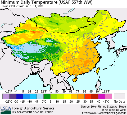 China, Mongolia and Taiwan Minimum Daily Temperature (USAF 557th WW) Thematic Map For 7/5/2021 - 7/11/2021