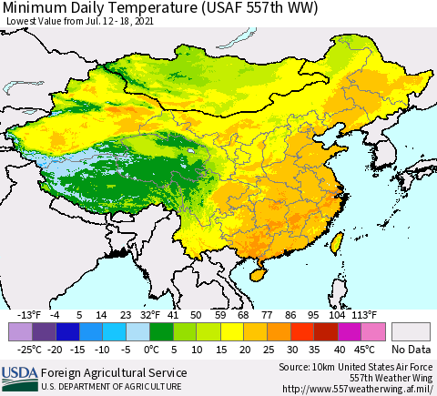 China, Mongolia and Taiwan Minimum Daily Temperature (USAF 557th WW) Thematic Map For 7/12/2021 - 7/18/2021