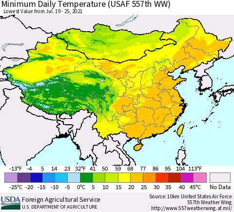 China, Mongolia and Taiwan Minimum Daily Temperature (USAF 557th WW) Thematic Map For 7/19/2021 - 7/25/2021