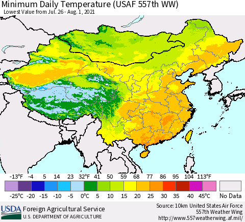 China, Mongolia and Taiwan Minimum Daily Temperature (USAF 557th WW) Thematic Map For 7/26/2021 - 8/1/2021