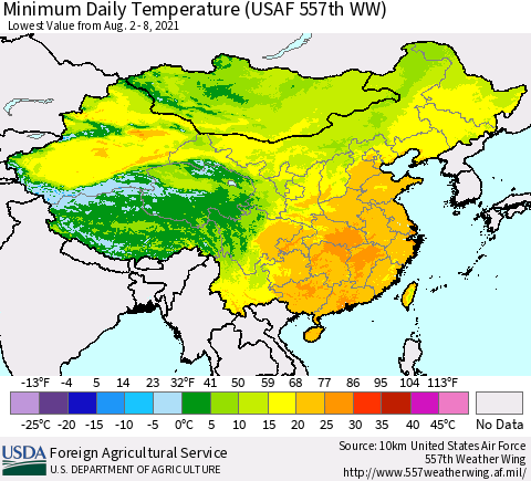 China, Mongolia and Taiwan Minimum Daily Temperature (USAF 557th WW) Thematic Map For 8/2/2021 - 8/8/2021