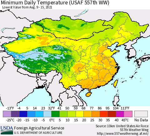 China, Mongolia and Taiwan Minimum Daily Temperature (USAF 557th WW) Thematic Map For 8/9/2021 - 8/15/2021