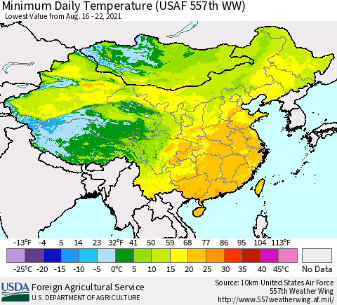 China, Mongolia and Taiwan Minimum Daily Temperature (USAF 557th WW) Thematic Map For 8/16/2021 - 8/22/2021