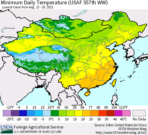China, Mongolia and Taiwan Minimum Daily Temperature (USAF 557th WW) Thematic Map For 8/23/2021 - 8/29/2021