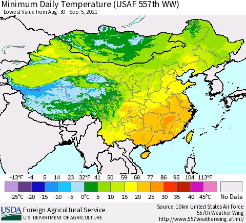 China, Mongolia and Taiwan Minimum Daily Temperature (USAF 557th WW) Thematic Map For 8/30/2021 - 9/5/2021