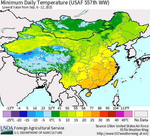 China, Mongolia and Taiwan Minimum Daily Temperature (USAF 557th WW) Thematic Map For 9/6/2021 - 9/12/2021
