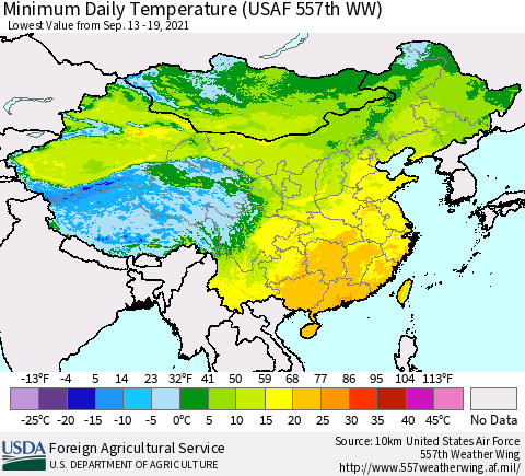 China, Mongolia and Taiwan Minimum Daily Temperature (USAF 557th WW) Thematic Map For 9/13/2021 - 9/19/2021