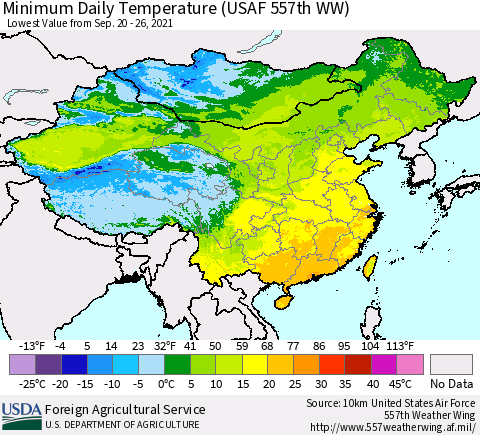 China, Mongolia and Taiwan Minimum Daily Temperature (USAF 557th WW) Thematic Map For 9/20/2021 - 9/26/2021