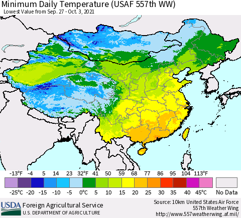 China, Mongolia and Taiwan Minimum Daily Temperature (USAF 557th WW) Thematic Map For 9/27/2021 - 10/3/2021
