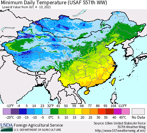 China, Mongolia and Taiwan Minimum Daily Temperature (USAF 557th WW) Thematic Map For 10/4/2021 - 10/10/2021