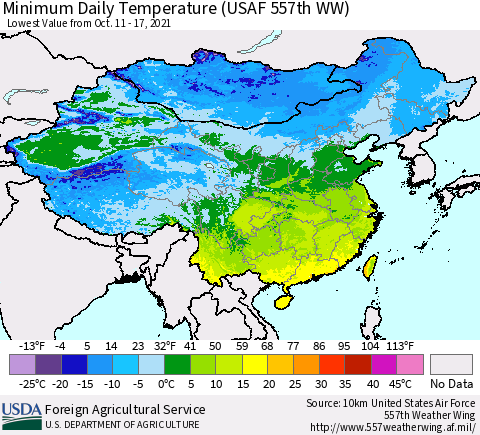 China, Mongolia and Taiwan Minimum Daily Temperature (USAF 557th WW) Thematic Map For 10/11/2021 - 10/17/2021