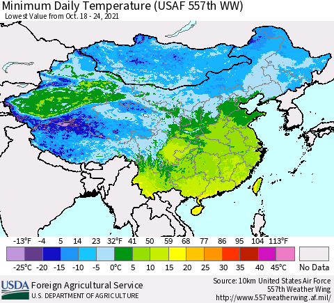 China, Mongolia and Taiwan Minimum Daily Temperature (USAF 557th WW) Thematic Map For 10/18/2021 - 10/24/2021