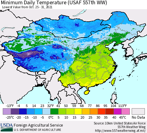 China, Mongolia and Taiwan Minimum Daily Temperature (USAF 557th WW) Thematic Map For 10/25/2021 - 10/31/2021