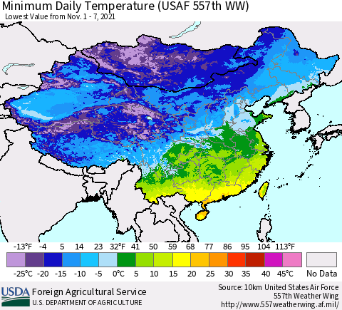 China, Mongolia and Taiwan Minimum Daily Temperature (USAF 557th WW) Thematic Map For 11/1/2021 - 11/7/2021