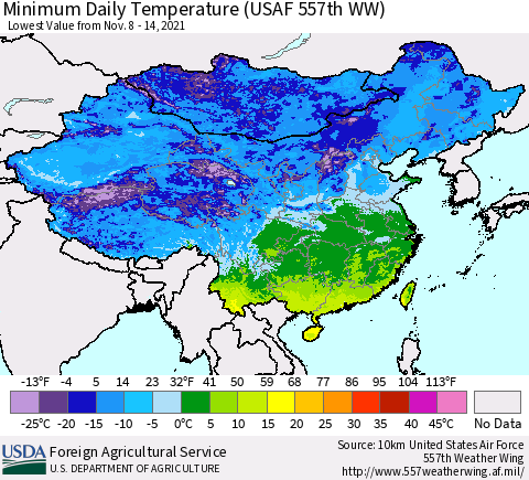 China, Mongolia and Taiwan Minimum Daily Temperature (USAF 557th WW) Thematic Map For 11/8/2021 - 11/14/2021