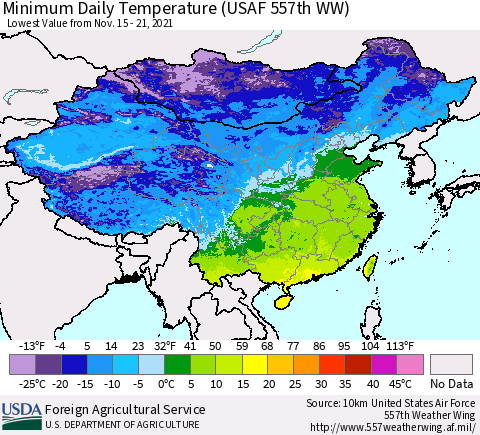 China, Mongolia and Taiwan Minimum Daily Temperature (USAF 557th WW) Thematic Map For 11/15/2021 - 11/21/2021