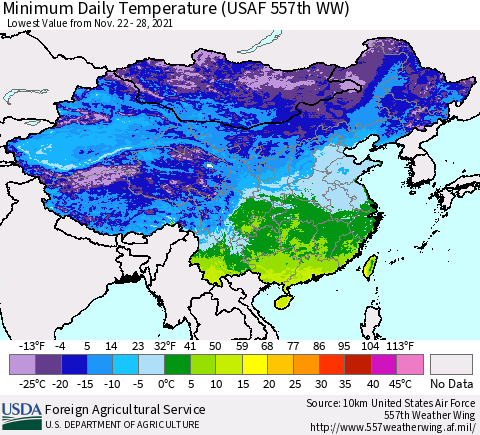 China, Mongolia and Taiwan Minimum Daily Temperature (USAF 557th WW) Thematic Map For 11/22/2021 - 11/28/2021