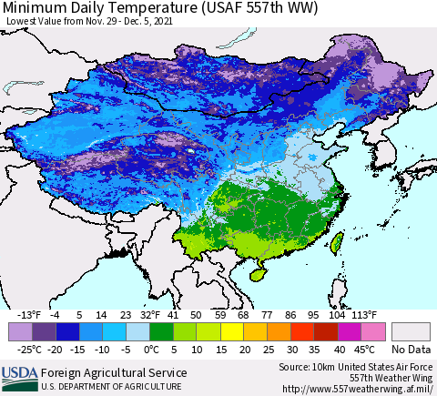 China, Mongolia and Taiwan Minimum Daily Temperature (USAF 557th WW) Thematic Map For 11/29/2021 - 12/5/2021