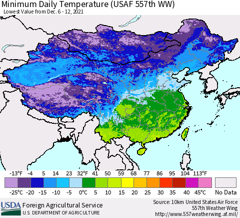 China, Mongolia and Taiwan Minimum Daily Temperature (USAF 557th WW) Thematic Map For 12/6/2021 - 12/12/2021