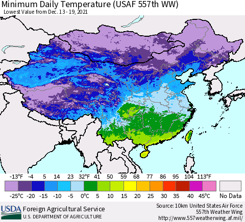 China, Mongolia and Taiwan Minimum Daily Temperature (USAF 557th WW) Thematic Map For 12/13/2021 - 12/19/2021