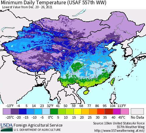 China, Mongolia and Taiwan Minimum Daily Temperature (USAF 557th WW) Thematic Map For 12/20/2021 - 12/26/2021