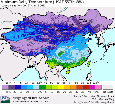 China, Mongolia and Taiwan Minimum Daily Temperature (USAF 557th WW) Thematic Map For 12/27/2021 - 1/2/2022