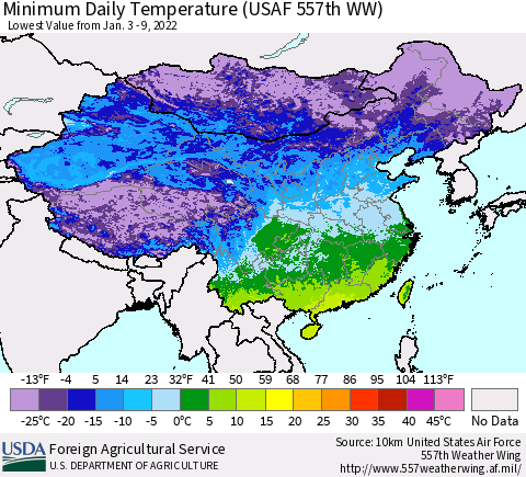 China, Mongolia and Taiwan Minimum Daily Temperature (USAF 557th WW) Thematic Map For 1/3/2022 - 1/9/2022