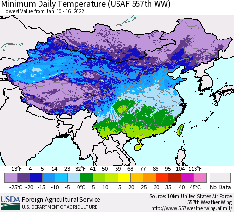 China, Mongolia and Taiwan Minimum Daily Temperature (USAF 557th WW) Thematic Map For 1/10/2022 - 1/16/2022