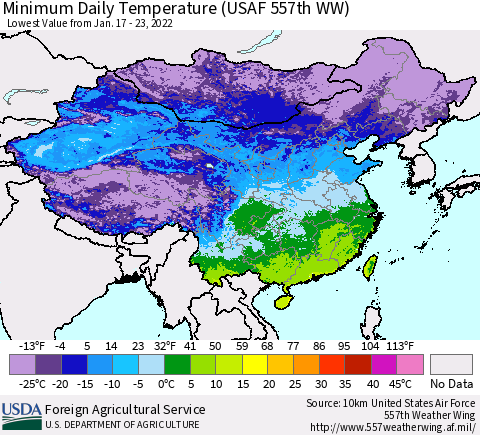 China, Mongolia and Taiwan Minimum Daily Temperature (USAF 557th WW) Thematic Map For 1/17/2022 - 1/23/2022