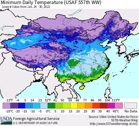China, Mongolia and Taiwan Minimum Daily Temperature (USAF 557th WW) Thematic Map For 1/24/2022 - 1/30/2022