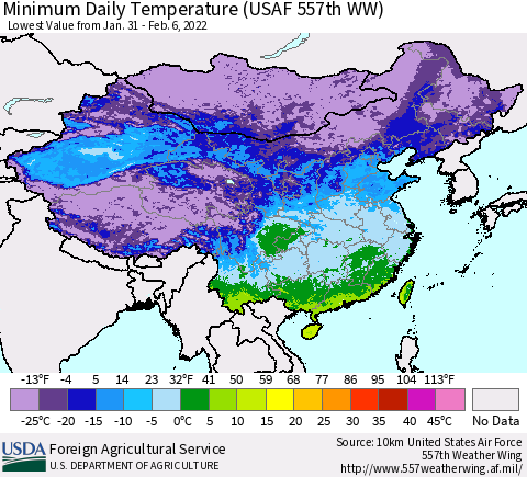 China, Mongolia and Taiwan Minimum Daily Temperature (USAF 557th WW) Thematic Map For 1/31/2022 - 2/6/2022