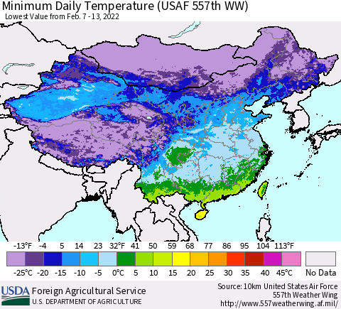 China, Mongolia and Taiwan Minimum Daily Temperature (USAF 557th WW) Thematic Map For 2/7/2022 - 2/13/2022