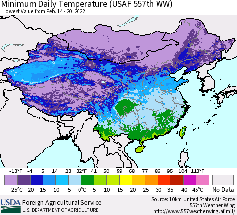 China, Mongolia and Taiwan Minimum Daily Temperature (USAF 557th WW) Thematic Map For 2/14/2022 - 2/20/2022
