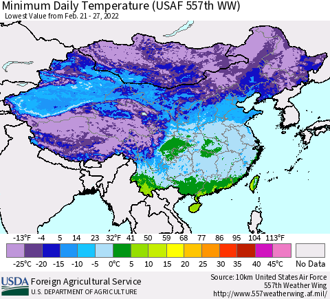 China, Mongolia and Taiwan Minimum Daily Temperature (USAF 557th WW) Thematic Map For 2/21/2022 - 2/27/2022