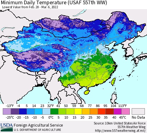 China, Mongolia and Taiwan Minimum Daily Temperature (USAF 557th WW) Thematic Map For 2/28/2022 - 3/6/2022