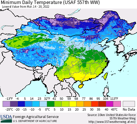 China, Mongolia and Taiwan Minimum Daily Temperature (USAF 557th WW) Thematic Map For 3/14/2022 - 3/20/2022