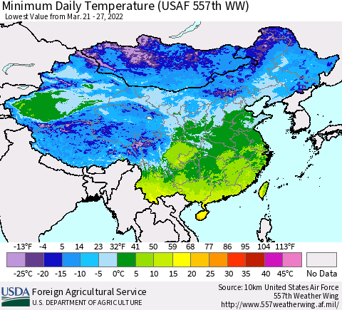 China, Mongolia and Taiwan Minimum Daily Temperature (USAF 557th WW) Thematic Map For 3/21/2022 - 3/27/2022
