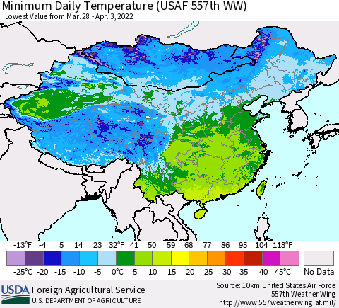 China, Mongolia and Taiwan Minimum Daily Temperature (USAF 557th WW) Thematic Map For 3/28/2022 - 4/3/2022