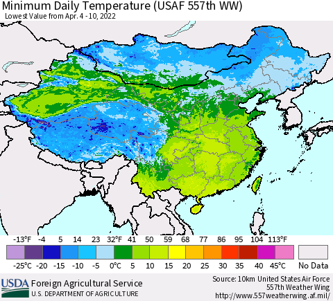 China, Mongolia and Taiwan Minimum Daily Temperature (USAF 557th WW) Thematic Map For 4/4/2022 - 4/10/2022