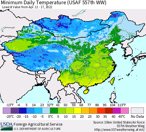 China, Mongolia and Taiwan Minimum Daily Temperature (USAF 557th WW) Thematic Map For 4/11/2022 - 4/17/2022