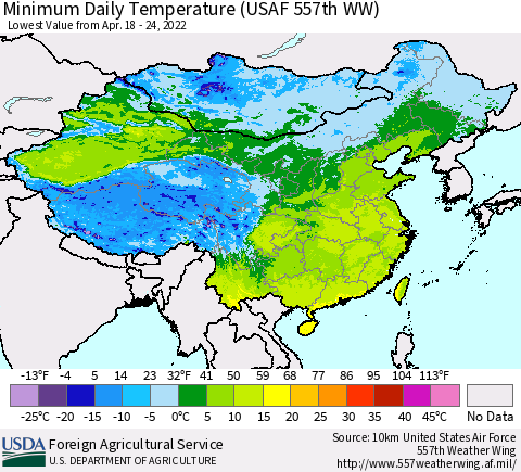 China, Mongolia and Taiwan Minimum Daily Temperature (USAF 557th WW) Thematic Map For 4/18/2022 - 4/24/2022