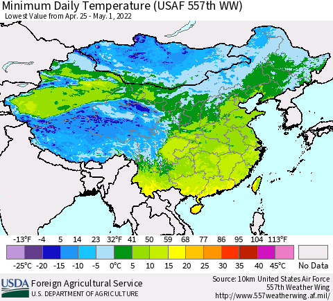China, Mongolia and Taiwan Minimum Daily Temperature (USAF 557th WW) Thematic Map For 4/25/2022 - 5/1/2022