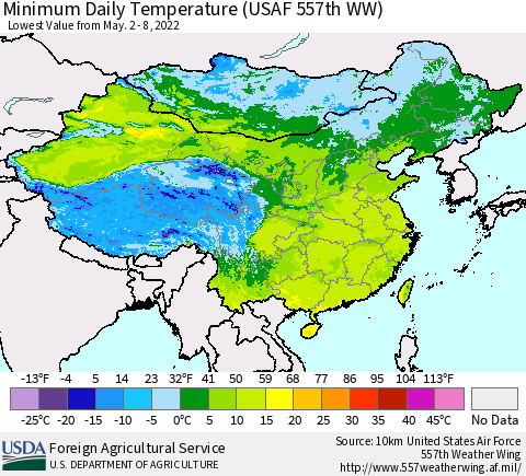 China, Mongolia and Taiwan Minimum Daily Temperature (USAF 557th WW) Thematic Map For 5/2/2022 - 5/8/2022