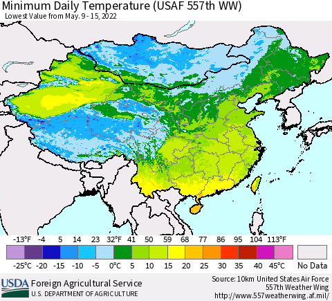 China, Mongolia and Taiwan Minimum Daily Temperature (USAF 557th WW) Thematic Map For 5/9/2022 - 5/15/2022