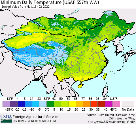 China, Mongolia and Taiwan Minimum Daily Temperature (USAF 557th WW) Thematic Map For 5/16/2022 - 5/22/2022